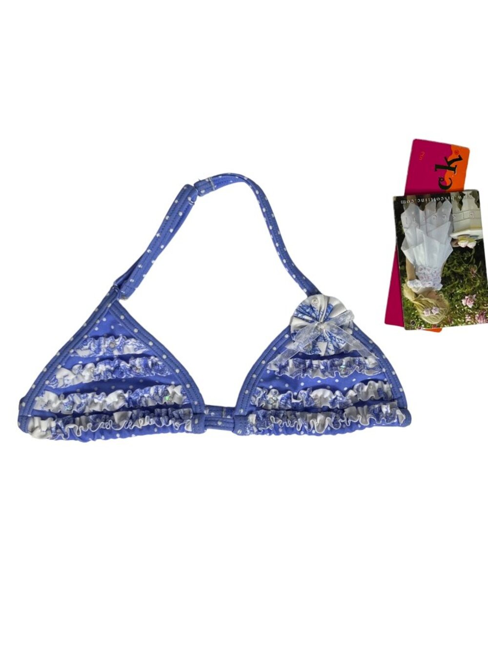Kate Mack Swim Top Bikini Girls Size 6 Blue New Shiny Ruffles
